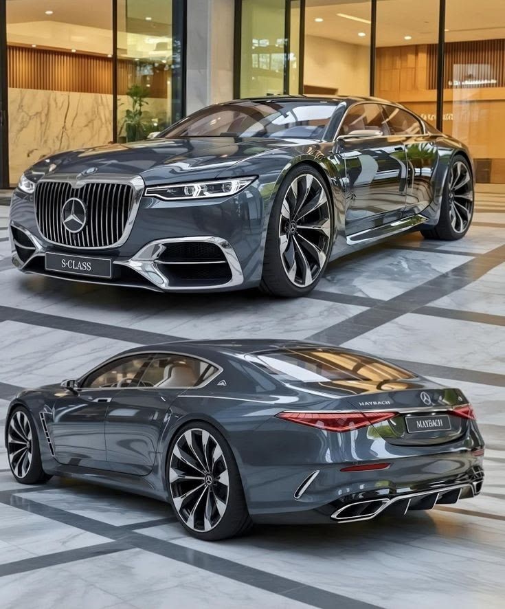 Graphite Mercedes-Maybach coupe, front and rear views