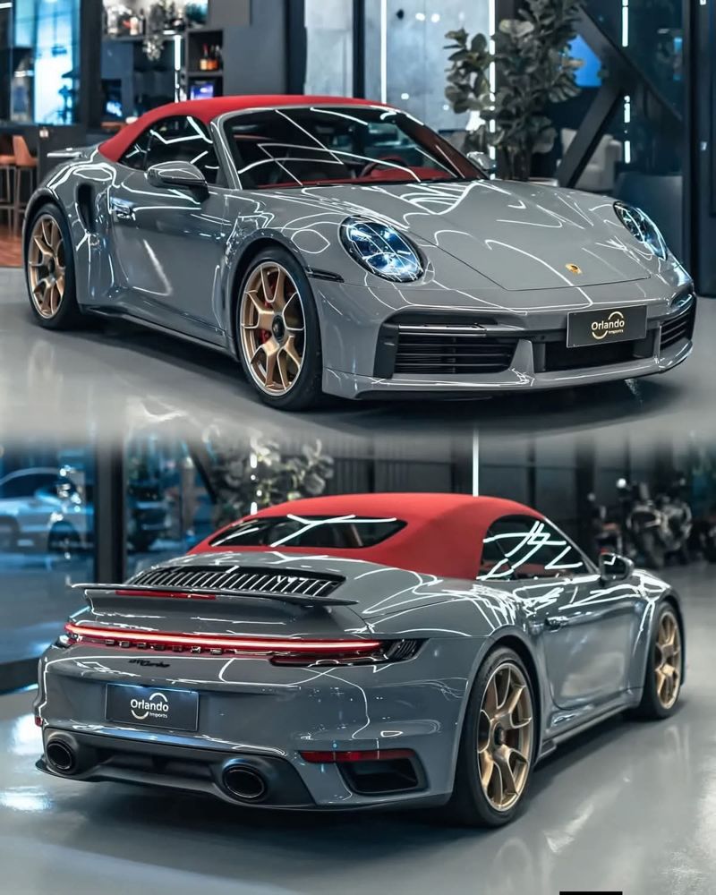 Grey Porsche 911 Turbo Cabriolet with a red soft top, front and rear views